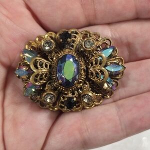Vintage Germany Aurora Borealis  Rhinestone Antique Gold Tone Filigree Brooch